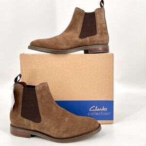 Clarks Jaxen Stone Suede Men’s Chelsea Boots Size 11.5M Brown Slip‑On Comfort